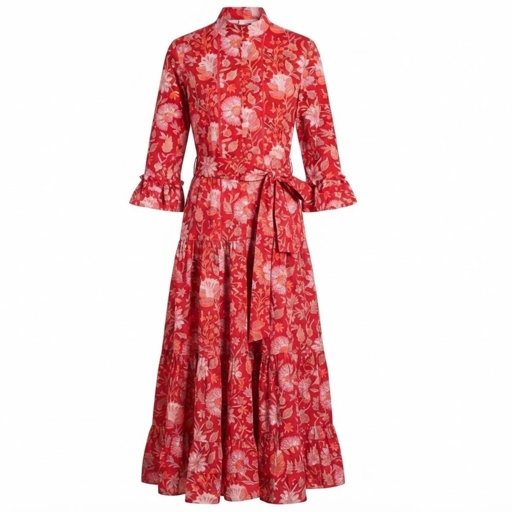Sue Sartor Red Floral Woodblock Flounce Dress Medium Midi Cotton Ruffle - CJ